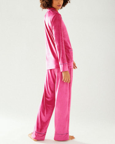 Hot Pink Velour Button Up Long Pyjama Set